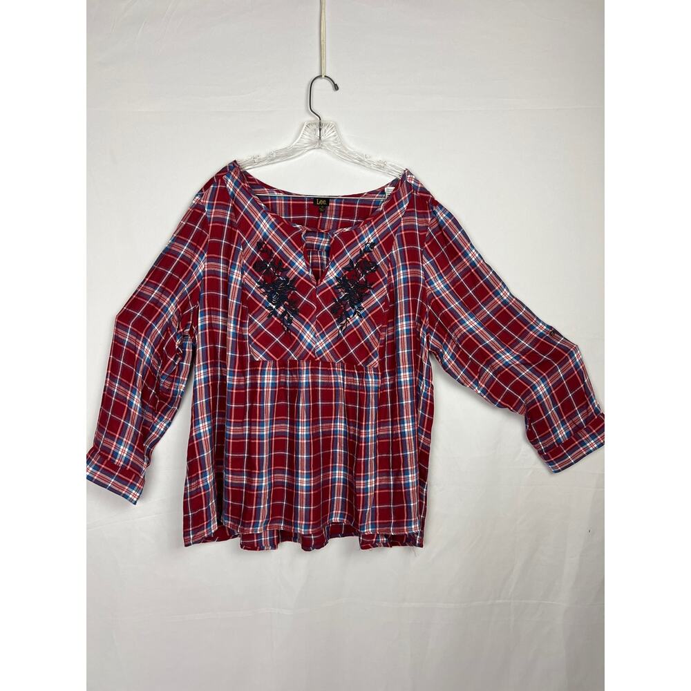 Lee Women’s Red White Blue Plaid Babydoll Blouse 2X Keyhole Neckline